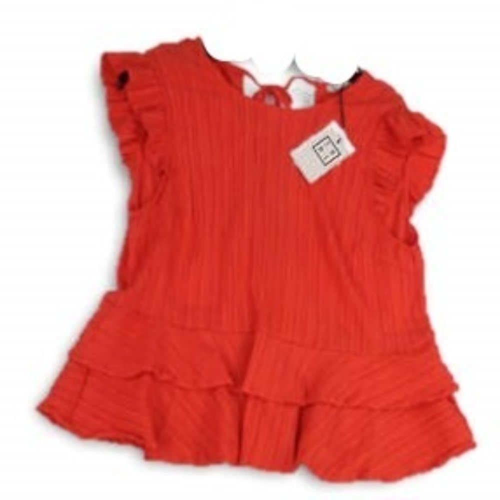 BNWT THML Cheery Orange Round Neck Peplum Ruffle Crinkled Smock Blouse Top (M)